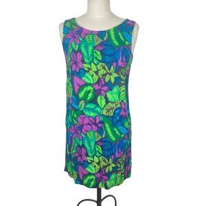 Vintage Tarazzia Hawaiian Dress Medium Green Purple Floral Sheath Tropical